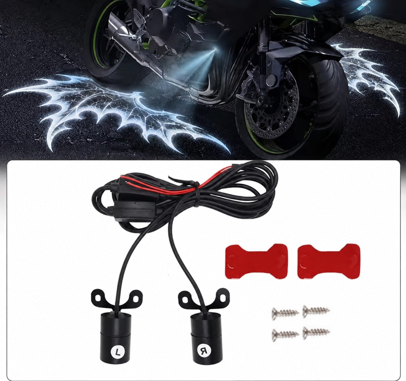 Two black Shadowride projectors with brackets, wiring and supplied hardware
